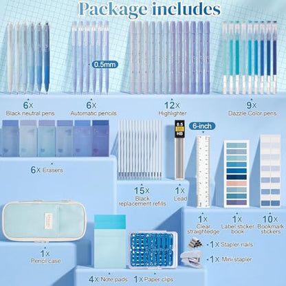 Eersida 74 Pcs Aesthetic School Supplies with Large Pencil Pouch 5 Ink Gel Pens 12 Highlighters 6 Mechanical Pencils 0.5mm 9 Color Pens 4 Note Pads Set for Student Stationary (Blue,Cute Style) - color: Blue, style: Cute Style