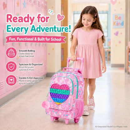 CCJPX 3Pcs Kids Rolling Backpack for Girls, Love Roller Wheeled Bookbag Toddler Elementary School Bag with Wheels (Pink) - color: Love Pink