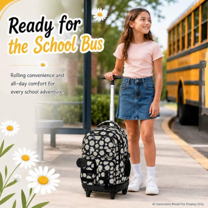 CCJPX Rolling Backpack for Girls, 3Pcs Roller Wheeled School Bookbag, Daisy Wheels Backpacks with Lunch Box for Kids (Black) - color: Daisy Black