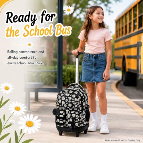 CCJPX Rolling Backpack for Girls, 3Pcs Roller Wheeled School Bookbag, Daisy Wheels Backpacks with Lunch Box for Kids (Black) - color: Daisy Black