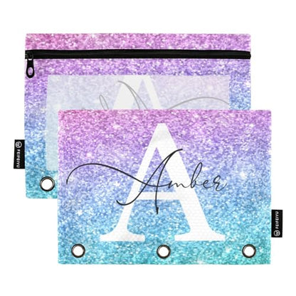 Personalized Pencil Pouch for 3 Ring Binder Glitter Pink Turquoise Purple Custom Pencil Pouches Case Binder Cosmetic Bag 2 Pack for Office School College Supplies - color: Pink Turquoise Purple