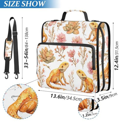 Fisyme Floral Bearded Dragons Zipper Binder 3 Ring with Zipper and Shoulder Strap Large Capacity Multi-Pocket Binder Organizer