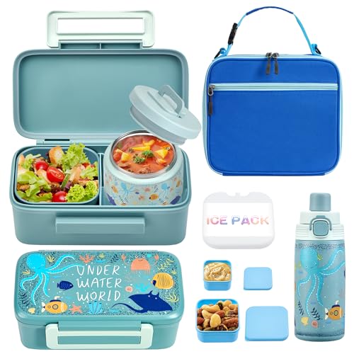 MAISON HUIS Bento Box for Kids with 8oz Soup Thermo, Insulated Lunch Bag & 17oz Water Bottle, 2-Compartment Bento Box with Built-In Ice Pack, Leak-Proof & BPA-Free - color: Blue2