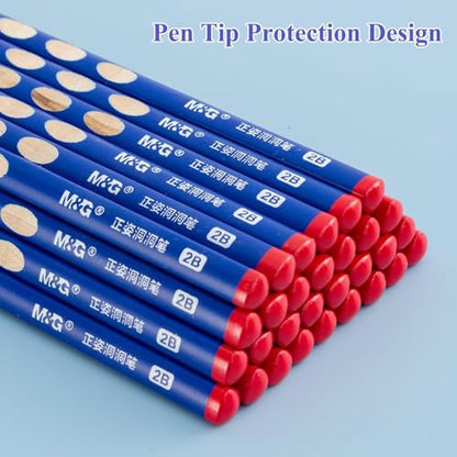 M&G 30pcs Triangular Pencils, 2B Pencils with Grip Correction, Wooden Graphite Pencils, Pre-Sharpened Break-Resistant, Suitable for Writing, Drawing, and Sketching - style: 30pcs Blue 2B