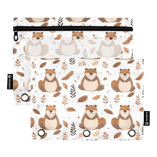 Cute Beaver Forest Animal Pencil Pouch for 3 Ring Binder 2 Pack Zipper Binder Pencil Bag Case with Clear Window Office School Supplies - color: multi742