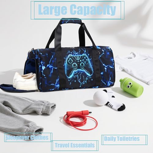 Gamer Sports Duffle Bag Boys Girls Overnighter Sleepover Gym Bag Weekender Carry On Shoulder Bags with Shoe Compartment & Wet Pocket,Game Print - color: Blue Gamer