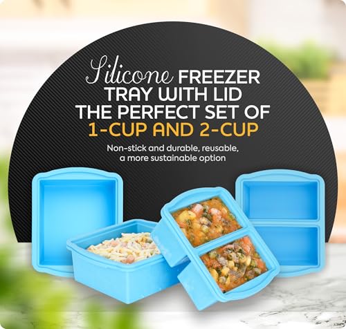 Silicone Freezer Trays with Lids, Set of 2 - with 1cup and 2 cupSilicone Freezer Molds for freezing soups, sauces and individual servings of lasagna, casseroles, dishwasher and microwave safe - color: 2 Pack Blue