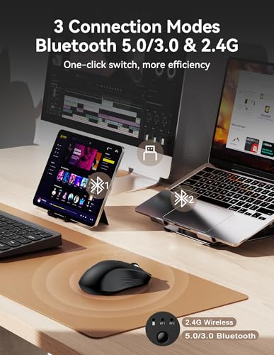 TECKNET Bluetooth Mouse, [ USB + BT1 + BT2 ] Wireless Mouse for Laptop, Silent Click, Ergonomic Design, 4800 DPI Computer Mice Wireless, Dual Mode for Laptop, Computer, iPad, MacBook - color: Black