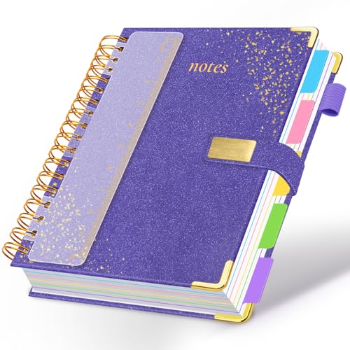 Spiral Notebook Journal 8.5''x 11'' 5 Subject Notebook with Dividers, 300 Pages Notebook College Ruled with Magnetic Closure, A4 Tabbed Notebooks for Work School, Sparkle Journal for Women (Purple) - color: Purple, size: (A4)8.5''x 11''
