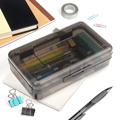 Tamaki 1 Pack Plastic Pencil Box Large Capacity, Black | Clear Boxes with Snap-tight Lid Stackable Design and Stylish Office Supplies Storage Organizer - color: Black
