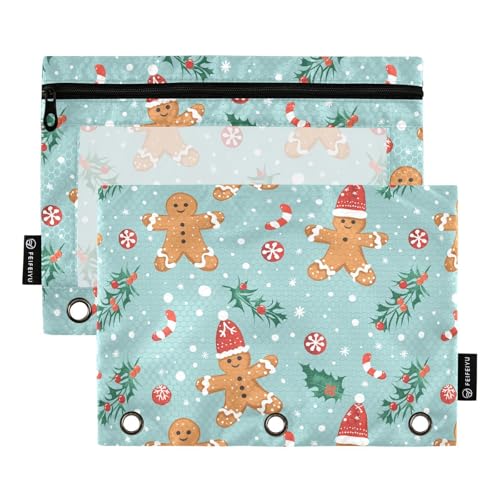 Fustylead Christmas Cute Gingerbread Man and Decorating Pencil Bags for 3 Ring Binders, Zipper Pocket Pouch with Clear Window Pencil Case Bags for Home School Office Students Supplies 2 Pack - color: Blue05 Gingerbread Man