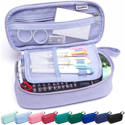SPACEMATE Pencil Case Pouch Box Bag School Supplies Girls Boys Kids, Cute Preppy Stuff Large Big Capacity Aesthetic Pen Organizer, Back to College Stationary, Purple, Heavy Duty Canvas, 1800ml - color: Purple