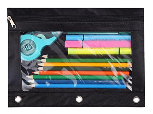 3-Ring Pen Pencil Pouch with Clear Window Stationery Bag Binder Case Classroom Organizers Black - color: Black