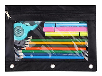 3-Ring Pen Pencil Pouch with Clear Window Stationery Bag Binder Case Classroom Organizers Black - color: Black