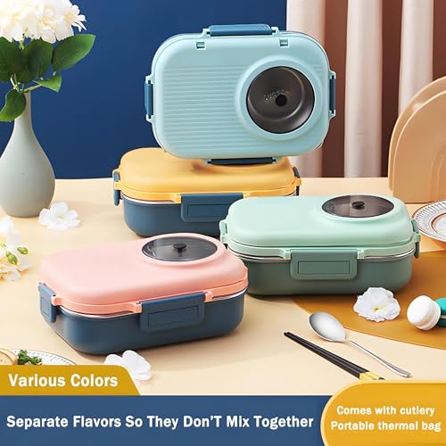 Bento Lunch Box, 304 Stainless Steel Portable Leakproof Lunch Food Containers Set with 3 Compartment for Adults - with Chopsticks Spoon Soup Bowl Gift for Friends, Family (Beige)