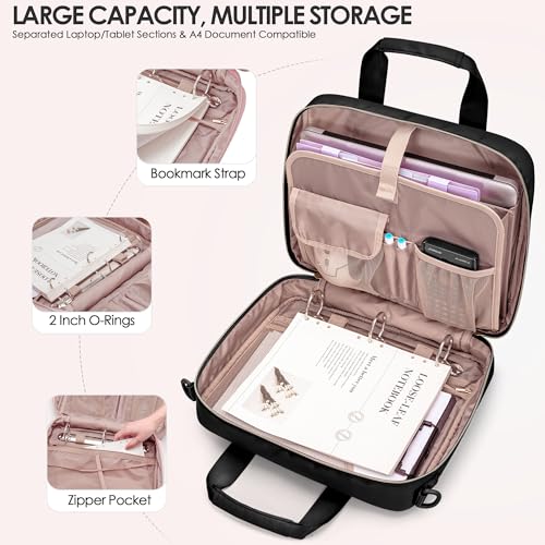 3 Ring Zipper Binder, 2 Inch Ring Binder Organizer Bag with Strap | Binder Bag Fits 13" Laptop & 500 Sheets, Detachable Shoulder Strap, Large Capacity Zip Up Portfolio Folder Bag for Office - color: Black