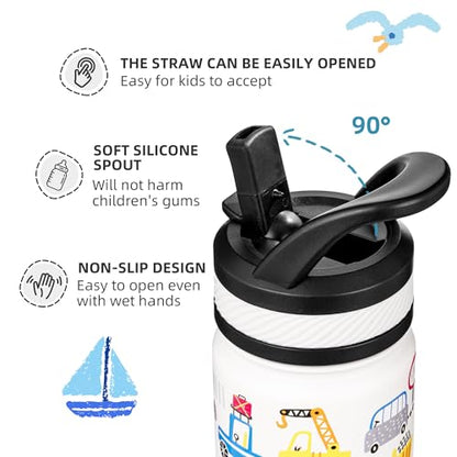 Fanhaw 14 Oz Kids Insulated Water Bottle with Straw - Stainless Steel Double Wall Vacuum Cup, Leakproof, BPA Free, Suitable for Boys and Girls(White - Heavy Traffic)