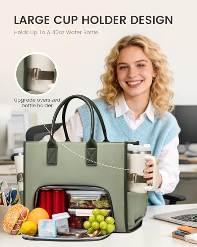 LOVEVOOK Work Tote Bag with Lunch Compartment with Giant Tumbler Holder,17 Inch Waterproof 3 in 1 Lunch Bag Women Men Laptop Bag Purse Tote with Padded Sleeve for Teacher,Nurse,College,Travel,Office - color: Emerald green - Venetian green - Dark patina gr