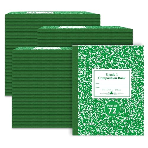 ROARING SPRING Primary Composition Book, Handwriting Notebook for Kids (4K - 1st Grade), Grade 1 Ruled, 1" Skip-Line Manuscript Paper, Flexible Cover, 9.75" x 7.5", 50 Sheets/100 Pages, 72 Pack - color: Green Marble