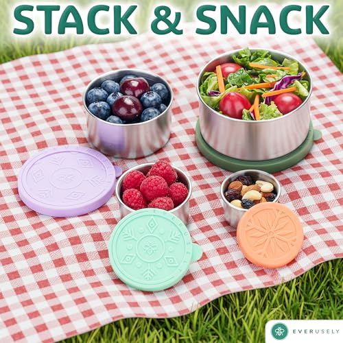 Everusely - Stainless Steel Food Containers - 4 Pack, Garden Harvest - Metal Lunch Box - Nesting Snack Containers for Office, Home Food Storage - Leakproof Silicone Lids - Dishwasher and Freezer Safe - color: Pack of 4