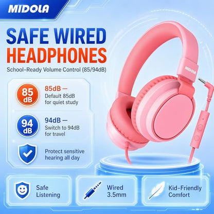 MIDOLA Kids Headphones for School Learning,Volume Limited 85/94dB, Foldable Lightweight Over-Ear Wired Headphones for Kids Toddler Girls Boys 3.5mm for Pad,Headsets with Built-in Mic Pink - color: Pink