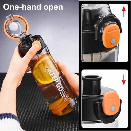 Doseno Clear Water Bottle, 27 oz Reusable Plastic Sports Bottle, Black | Clear plastic water bottle with measurements has dual openings, removable filter and carrying strap for gym and hiking
