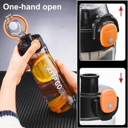 Doseno Clear Water Bottle, 27 oz Reusable Plastic Sports Bottle, Black | Clear plastic water bottle with measurements has dual openings, removable filter and carrying strap for gym and hiking