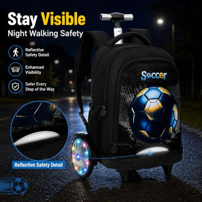 AGSDON Quiet Rolling Backpack with Lunch Box Set – Large Luminous Wheel Water‑Resistant Wheeled Bag for School, Outings, and Travel | Black Gold Soccer 3‑Piece Organizer Backpack - color: Large Luminous Wheel Rolling Black Gold Soccer