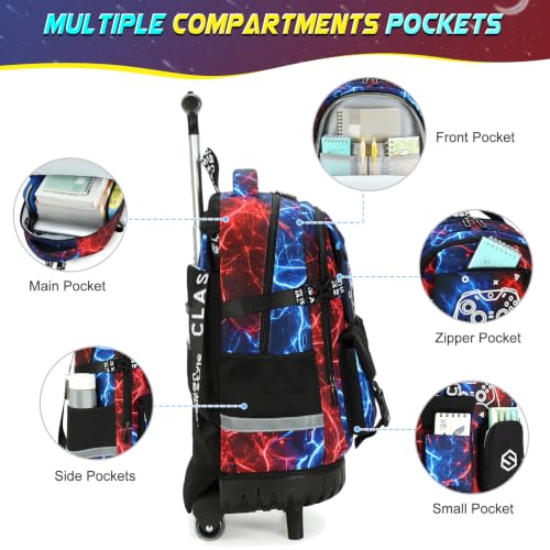 Scothen Rolling Backpack for Boys, Cool Luminous Gamer Roller School Backpacks for Boys with Lunch Bag and Pencil Pouch, Kids Backpack Bookbag with Wheels for Kindergarten Elementary Middle School - color: Cool Red Blue