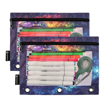 Galaxy Dinosaur T. Rex Binder Pouches 3 Ring for Boys Girls School Office College Supplies Space Dino Stars Tyrannosaurus Rex Nebula Pencil Pouches Case Bag with Clear Window and Zipper 2 Pack - color: Dinosaur