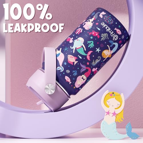 Fimibuke Kids Insulated Water Bottle, 14oz BPA FREE 18/8 Stainless Steel Travel Tumbler Double Wall Vacuum Leak Proof Kids Cup with Straw Metal Water Bottle for School Boys Girls(1 Pack, MERMAID) - color: A2. MERMAID