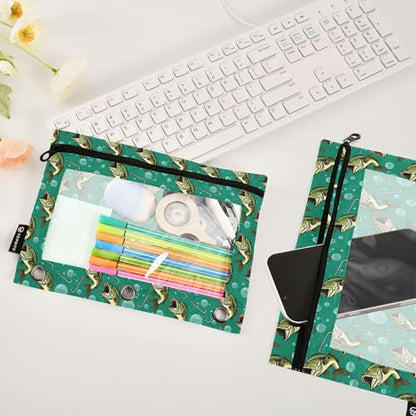 Deep Sea Fish Binder Pouches 3 Ring for Boys Girls School Office College Supplies Ocean Theme Fishman Pencil Pouches Case Bag with Clear Window and Zipper 2 Pack - color: Fish