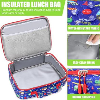 Fimibuke Kids Bento Snack Lunch Box with Thermo Insulated Toddler Lunch Bag | Lunch Box Kids with 4 Compartment, Food Jar, Ice Pack, Utensils, Birthday Gifts for Ages 3-12 Back to School Toddler Girl Boy - color: A8.Trucks