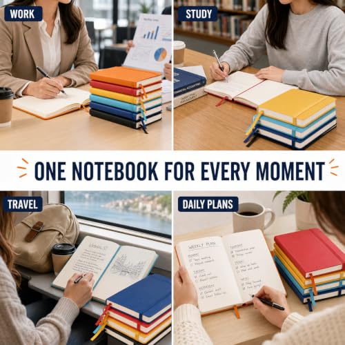 Thboxes 6 Pack A5 Lined Journal Notebooks, Hardcover, 160 Pages, Multicolor | 100 GSM, Pen Holder, Bulk Set for Writing, Notes, Work, Home, College, School, Travel, Office, Students, Teachers, Daily Use