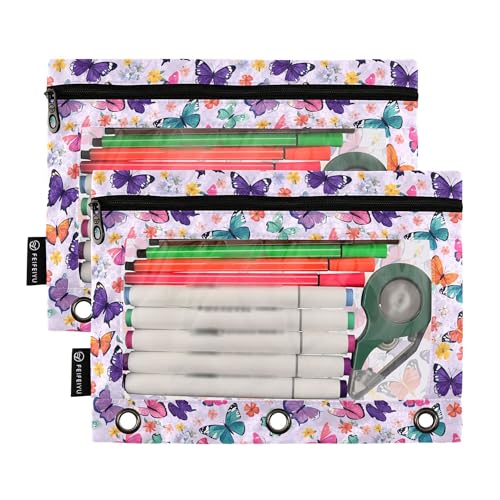 Butterfly Lavender Binder Pouches 3 Ring for Boys Girls School Office College Supplies Purple Rose Flower Pencil Pouches Case Bag with Clear Window and Zipper 2 Pack - color: Butterfly