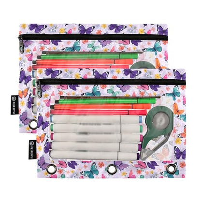 Butterfly Lavender Binder Pouches 3 Ring for Boys Girls School Office College Supplies Purple Rose Flower Pencil Pouches Case Bag with Clear Window and Zipper 2 Pack - color: Butterfly