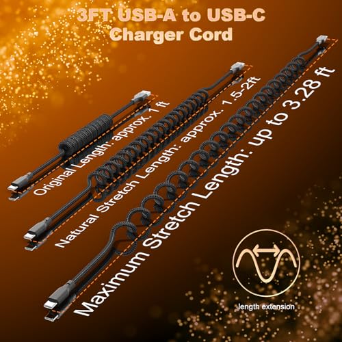 USB A to USB C Coiled CarPlay Cable [2-Pack, 3ft], Auto Coiled Retractable iPhone Car Cord Retractable Fast Charge Cord for Car, Compatible with iPhone 17/16/15 Plus/Pro/Pro Max/Samsung Galaxy S23