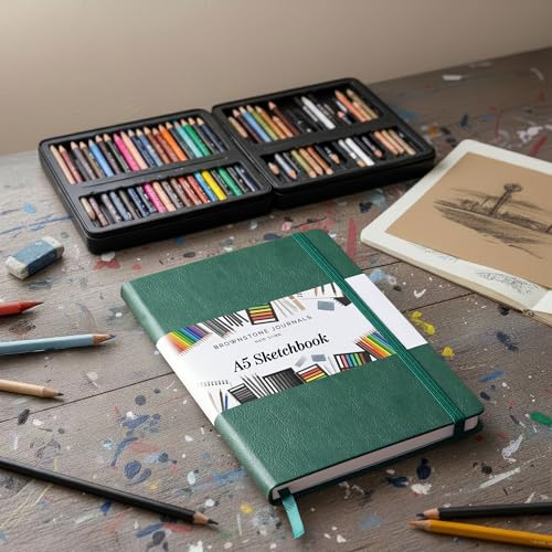 BROWNSTONE JOURNALS A5 Sketch Book Hardcover - 80 Sheets 100 GSM Paper 5"x8", Lay Flat, Vegan Leather Cover, Elastic Band, Back Pocket, Art Drawing Book (Dartmouth Green) - color: Dartmouth Green, size: A5 (5" x 8")