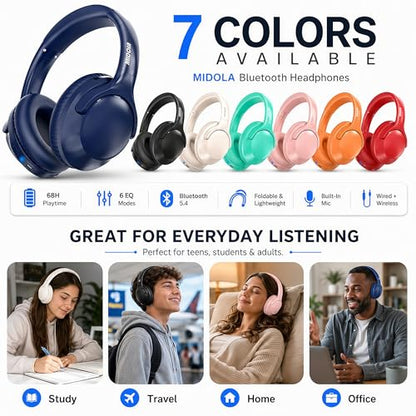 MIDOLA Bluetooth Headphones Over Ear, 68H Playtime Wireless Headphones with Microphone, 6 EQ Modes, HiFi Stereo Deep Bass, Foldable Lightweight Headset for Home Office, Cellphone, PC, Blue - color: Blue