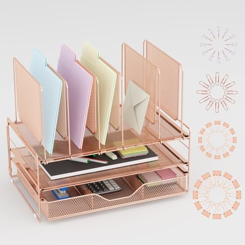 LEKETREE Rose Gold Desk Organizer, Office Organization with Vertical File Holder, File Organizer with Drawer and Office Supplies, Desk Accessories and Workspace Organizers (Rose Gold) - color: Rose Gold