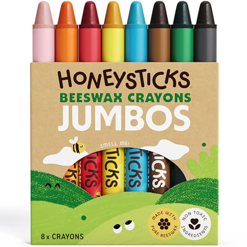 Honeysticks Jumbo Crayons (8 Pack) - Non Toxic Crayons - 100% Pure Beeswax and Food Grade Colors - 8 Bright Colors - Large, Easy to Hold and Use - Preschool Art Supplies for Toddlers/Kids 3-5, 4-8 - size: 1 Count (Pack of 8)