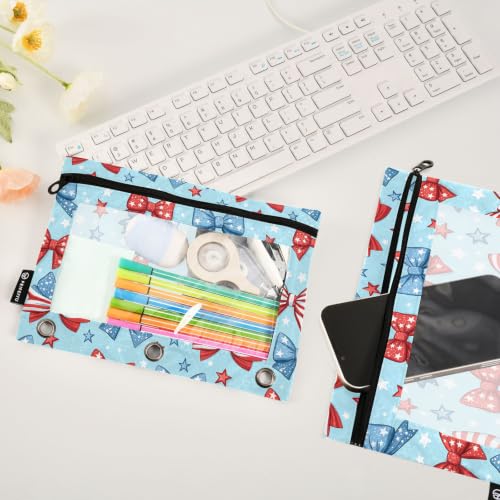 Gredecor 3 Ring Binder Pencil Pouch, 4th of July Bows Star Zippered Pen Case Pouches with Clear Window, 2 Pack Stylish Office & School Supplie - color: 4th of July Bows Star