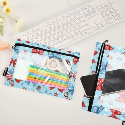 Gredecor 3 Ring Binder Pencil Pouch, 4th of July Bows Star Zippered Pen Case Pouches with Clear Window, 2 Pack Stylish Office & School Supplie - color: 4th of July Bows Star