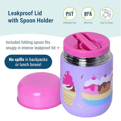 Wildkin Kids 10 oz Insulated Food Jar, Sweet Dreams | Wide-mouth 10 oz jar keeps food hot up to 5 hrs and cold up to 7 hrs · includes two folding spoons · stainless steel interior - color: Sweet Dreams