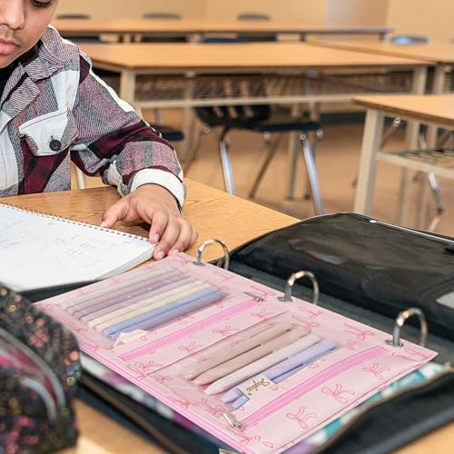 SKYDUE Binder Pencil Pouch for 3 Ring Binder, 3 Compartment Zipper Case, Large Capacity Pen Organizer with Clear PVC Window for School Supplies, Students, Kids & Teachers - color: Pinkbow