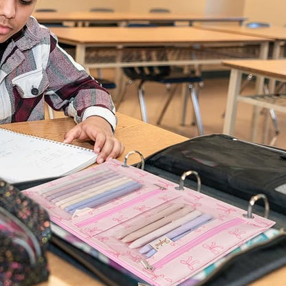 SKYDUE Binder Pencil Pouch for 3 Ring Binder, 3 Compartment Zipper Case, Large Capacity Pen Organizer with Clear PVC Window for School Supplies, Students, Kids & Teachers - color: Pinkbow