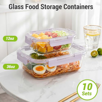 Dealusy 10 Sets (20-Piece) 36 oz & 12 oz Glass Food Storage Containers with lids, Airtight Leak-proof Glass Meal Prep Containers with Lids, Microwave Oven Freezer Dishwasher Safe, Purple - color: Purple