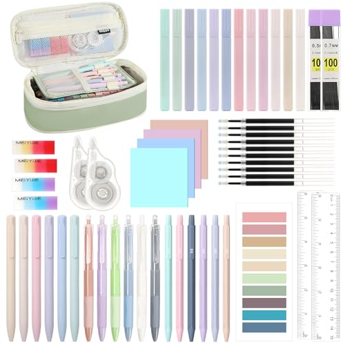 MoKo Pencil Case with Supplies, 56Pcs Aesthetic School Set, Green | Includes 12 gel pens, 12 highlighters, 6 mechanical pencils, refills, sticky notes, index tabs, rulers and correction tapes. - color: Green-56P