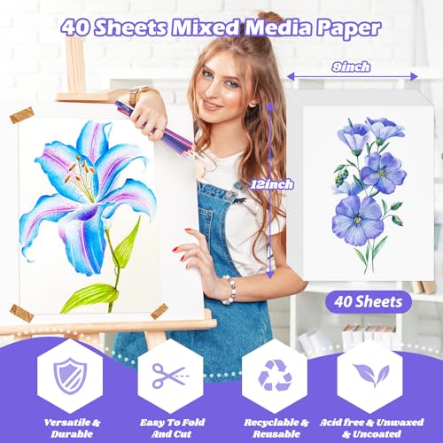 Mixed Media Paper 9" x 12",40 Sheets Multipurpose White Loose Drawing Paper | 98lb/160gsm Heavyweight Art Paper for Sketching, Sketch Book, Gouache, Painting, Sketchbook, Drawing Pad Book, School - size: 9" x 12", 40 sheets, style: loose mixed media drawi