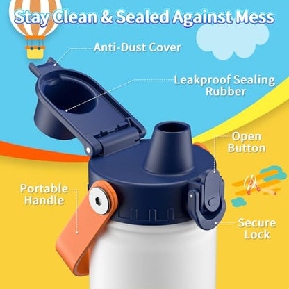baab 18oz Kids Water Bottle, Insulated Kids Water Bottle with Lockable Spout Lid & Stickers, 18/8 Stainless Steel Vacuum Leakproof Kid Water Cup with Handle for Boy Girl & School (White, 1 Pack) - color: White, size: 18 Ounces